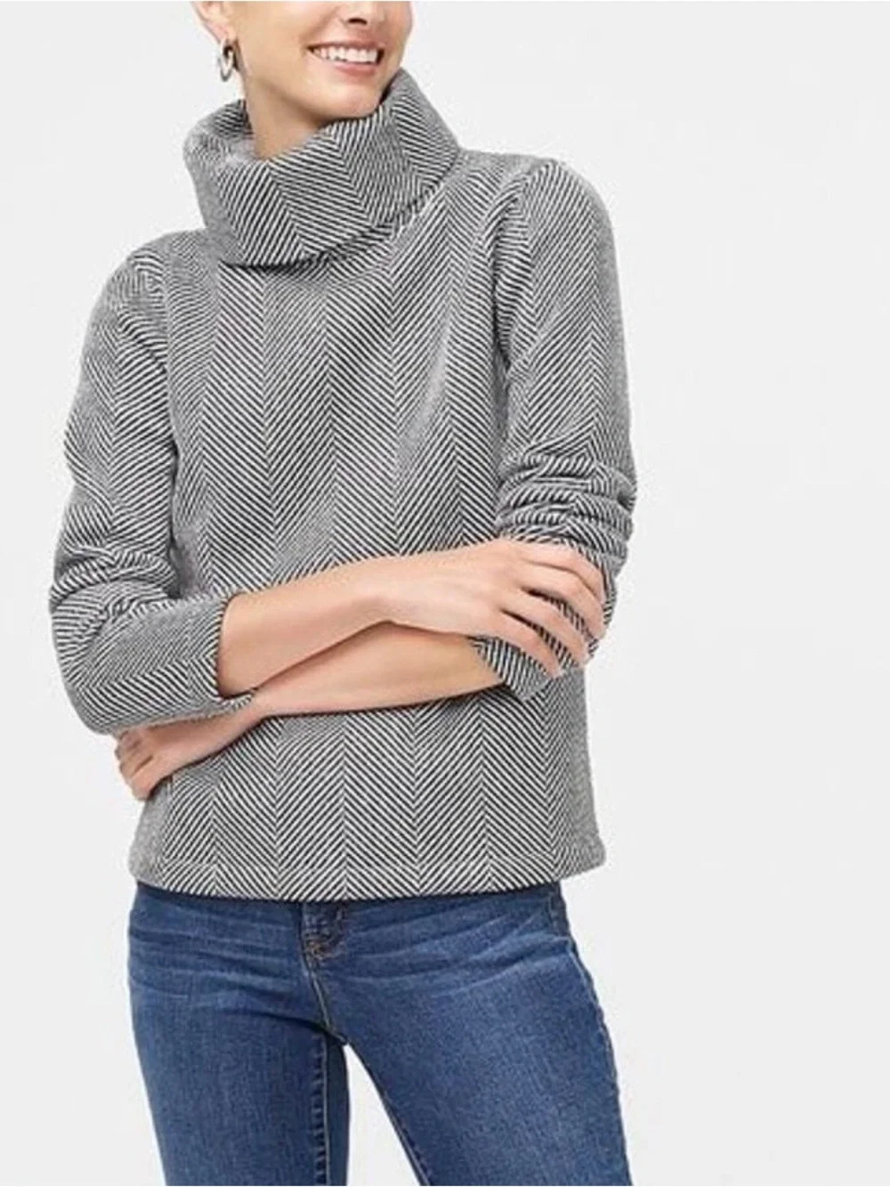 J.Crew Factory Herringbone Fleece-Lined Funnelneck Pullover Sweater Size S